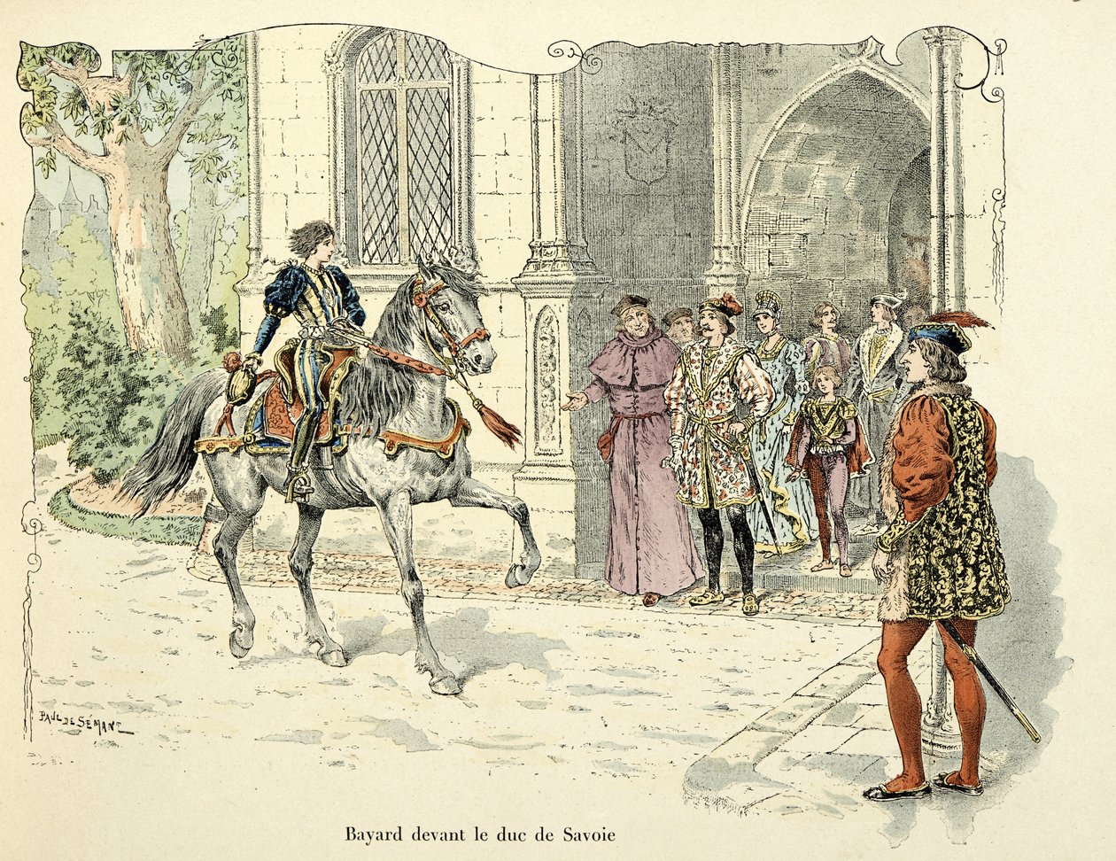 Ilustrace převzatá z knihy „Histoire du chevalier Bayard “ od Theodora Cahu, ilustrovaná Paulem De Semantem (1855-1915): Bayardův věk 11 před vévodou Savojským 1486 od Paul de Semant