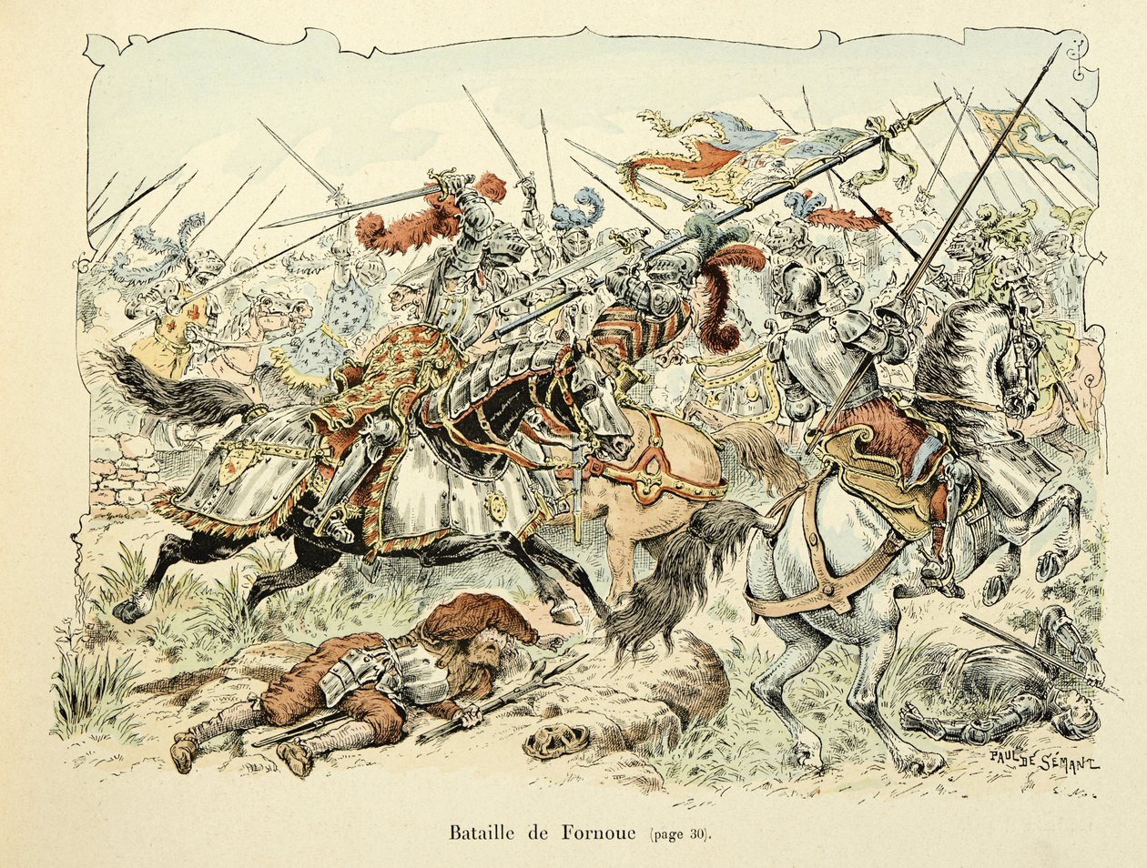 Ilustrace převzatá z knihy „Histoire du chevalier Bayard“ od Theodora Cahu, ilustrovaná Paulem De Semantem (1855-1915): Bitva u Fornoua 1495 od Paul de Semant