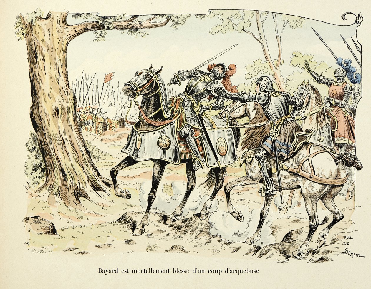 Ilustrace převzatá z knihy „Histoire du chevalier Bayard“ od Theodora Cahu, ilustrovaná Paulem De Semantem (1855-1915): Bayard se smrtelně zraní výstřelem z arkebuze 1524 od Paul de Semant