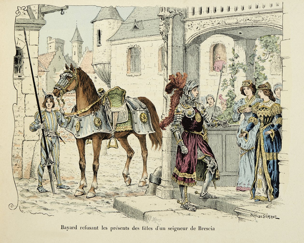 Ilustrace převzatá z knihy „Histoire du chevalier Bayard“ od Theodora Cahu, ilustrovaná Paulem De Semantem (1855-1915): Bayard odmítá dary dcer pána z Brescie 1512 od Paul de Semant