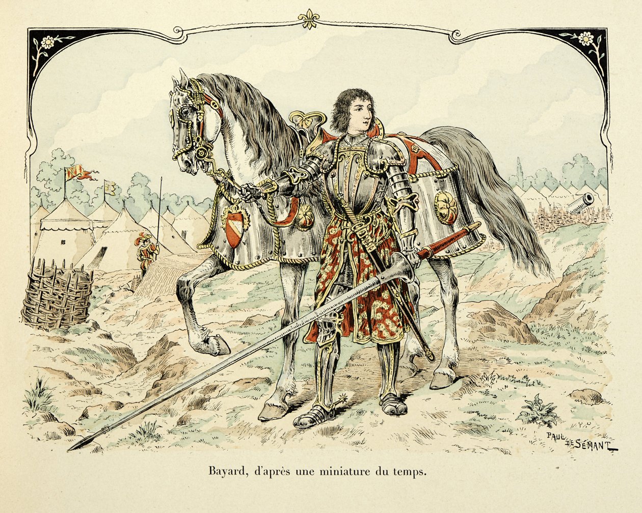 Ilustrace převzatá z knihy „Histoire du chevalier Bayard“ od Theodora Cahu, ilustrovaná Paulem De Semantem (1855-1915): Portrét Bayarda podle dobové miniatury od Paul de Semant