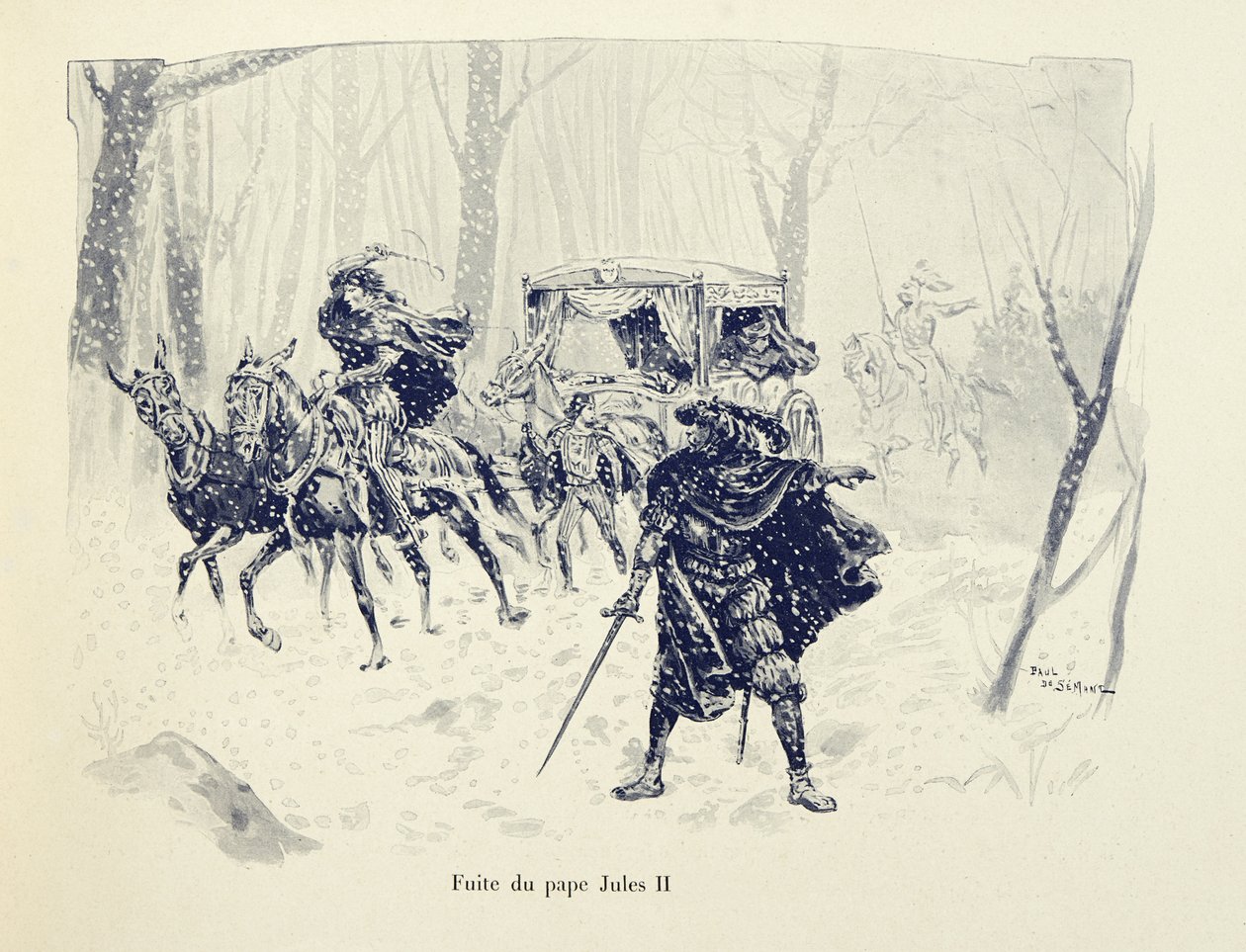Ilustrace převzatá z knihy „Histoire du chevalier Bayard“ od Theodora Cahu, ilustrovaná Paulem De Semantem (1855-1915): Let papeže Julia II. od Paul de Semant