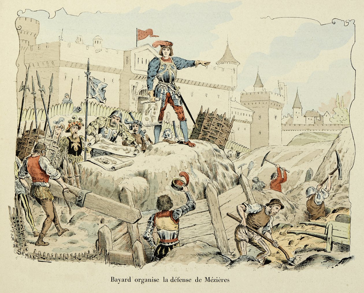 Ilustrace převzatá z knihy „Histoire du chevalier Bayard“ od Theodora Cahu, ilustrovaná Paulem De Semantem (1855-1915): Bayard organizuje obranu Mezieres 1521 od Paul de Semant