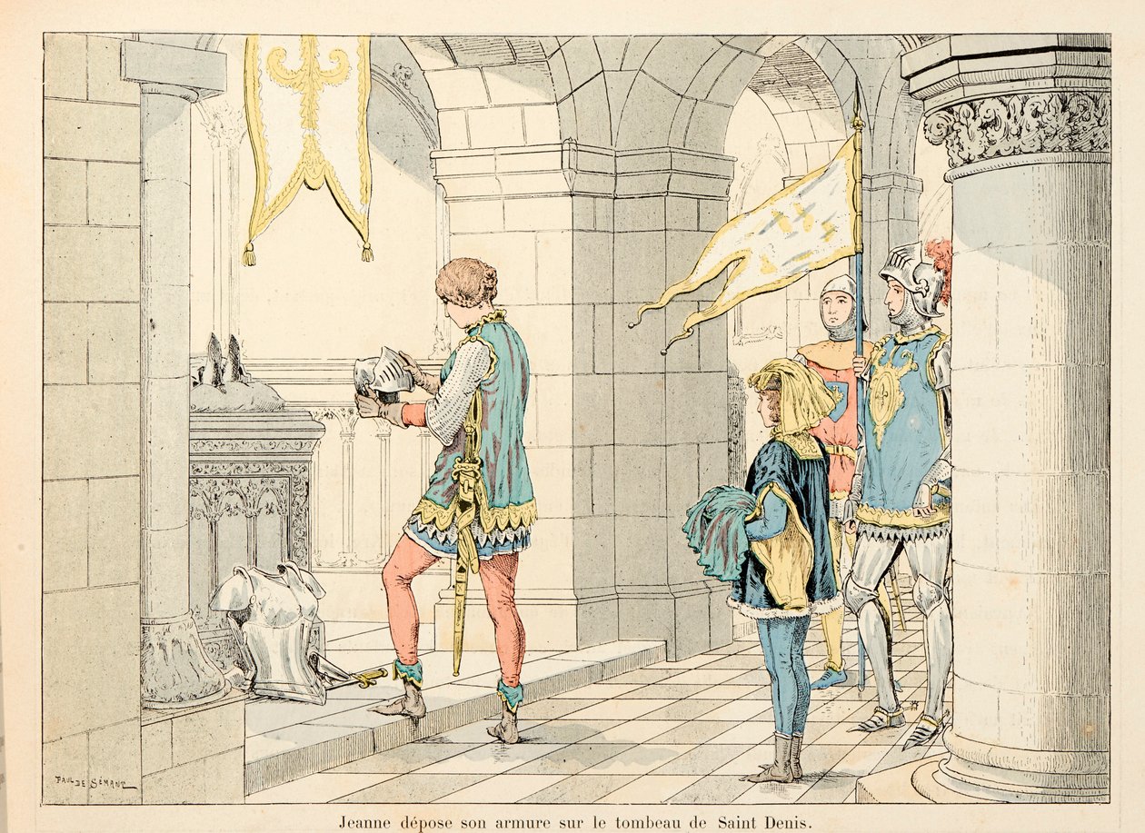 Ilustrace převzatá z knihy „“ Johanka z Arku „“ od Theodora Cahu a ilustrovaná Paulem De Semantem (1855-1915): Johanka z Arku klade své brnění na hrob svatého Denise od Paul de Semant