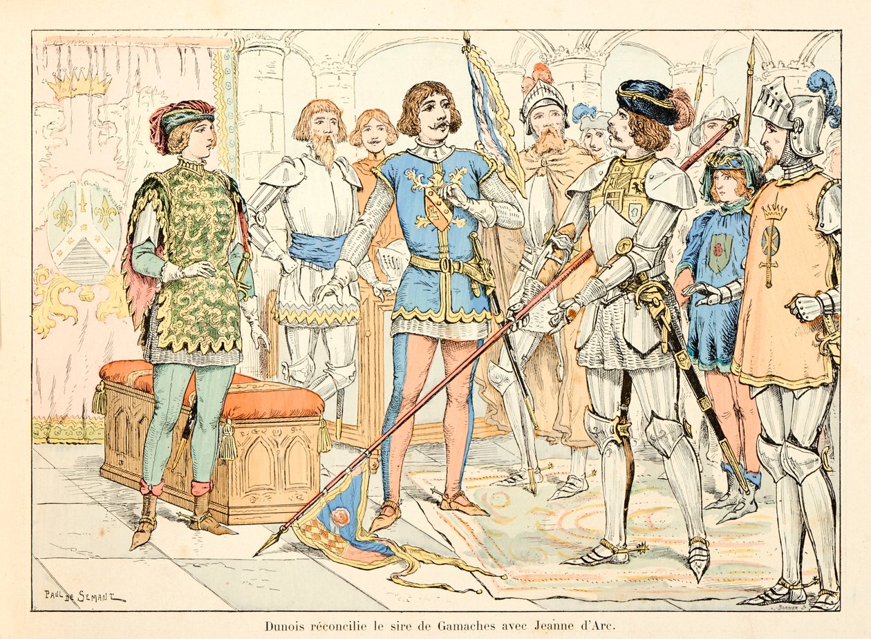 Ilustrace převzatá z knihy „“ Johanka z Arku „“ od Theodora Cahu a ilustrovaná Paulem De Semantem (1855-1915): Dunois usmířil otce Gamaches s Johankou z Arku od Paul de Semant