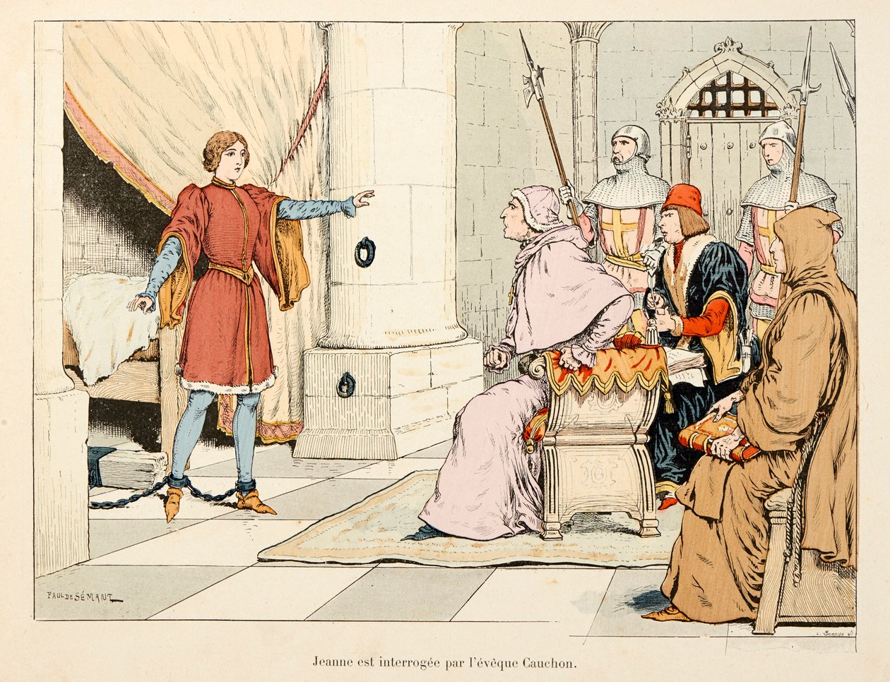 Ilustrace převzatá z knihy „“ Johanka z Arku „“ od Theodora Cahu a ilustrovaná Paulem De Semantem (1855-1915): Johanka z Arku vyslýchána eveque Cauchon od Paul de Semant