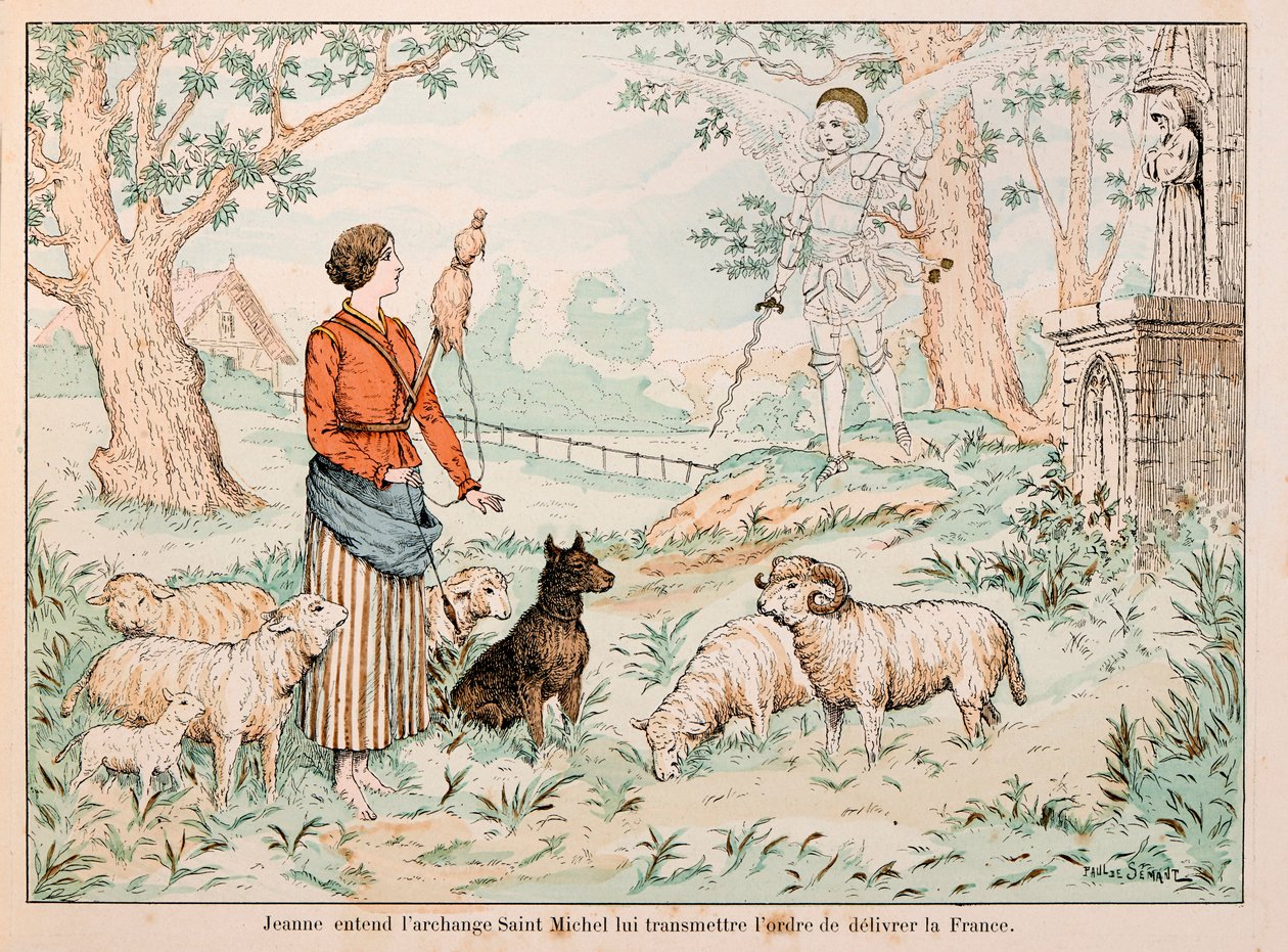 Ilustrace převzatá z knihy „“ Johanka z Arku “ od Theodora Cahu a ilustrovaná Paulem De Semantem (1855-1915): Johanka z Arku slyší, jak archanděl svatý Michael předává rozkaz k osvobození Francie od Paul de Semant