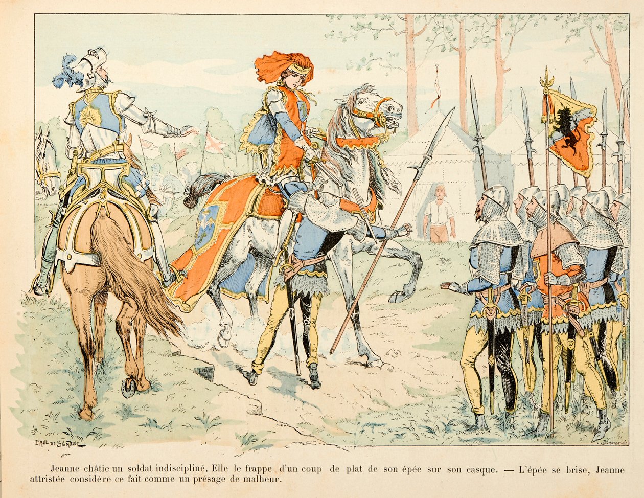 Ilustrace převzatá z knihy „“ Johanka z Arku „“ od Theodora Cahu a ilustrovaná Paulem De Semantem (1855–1915): Johanka z Arku si povídá s nedisciplinovaným vojákem od Paul de Semant