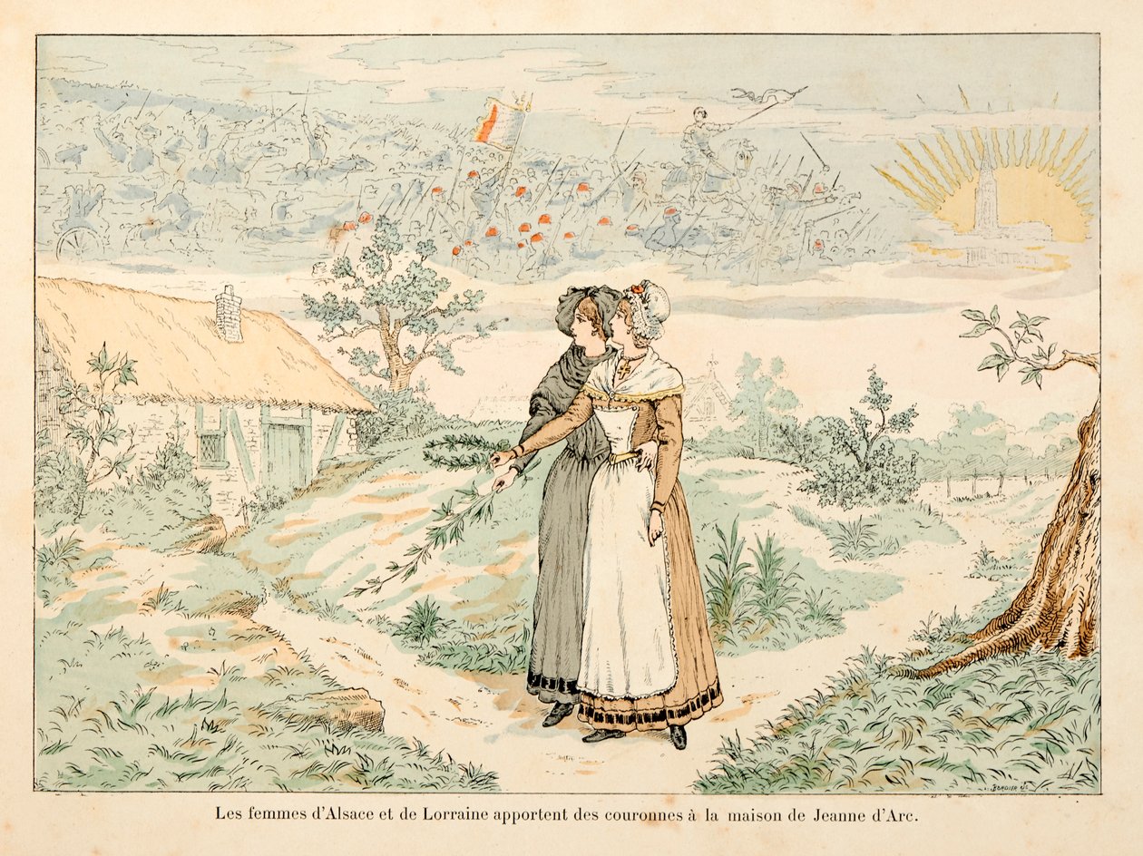 Ilustrace převzatá z knihy „“ Johanka z Arku „“ od Theodora Cahu a ilustrovaná Paulem De Semantem (1855-1915): Alegorie na památku Johanky z Arku; ženy z Alsaska a Lotrinska přinášejí koruny do domu Johanky z Arku od Paul de Semant