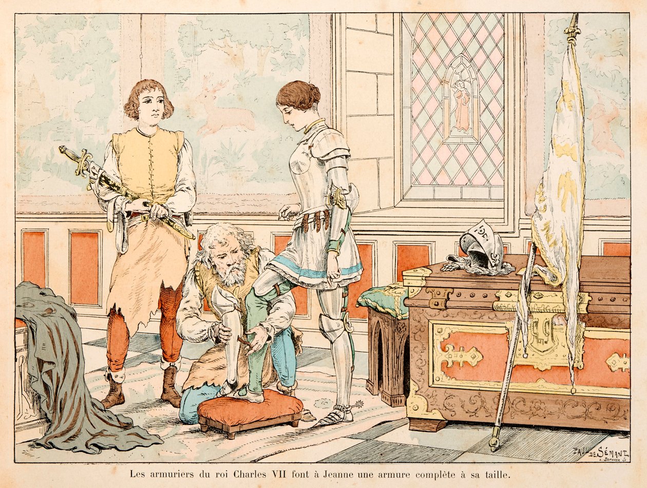 Ilustrace převzatá z knihy „“ Johanka z Arku „“ od Theodora Cahu a ilustrovaná Paulem De Semantem (1855-1915): Zbrojíři krále Karla VII. dělají z Jeanne kompletní brnění od Paul de Semant