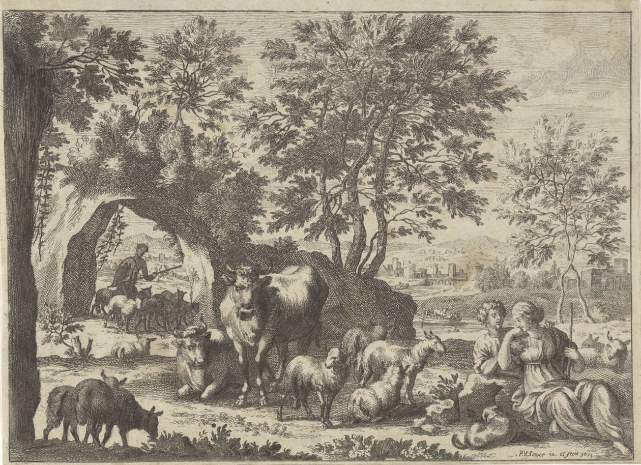 Pastýř a pastýřka se stádem od Paul van Somer (II)