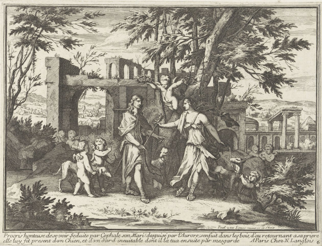 Procris a převlečený Cephalus Mytologické reprezentace v krajině (název série) od Paul van Somer (II)