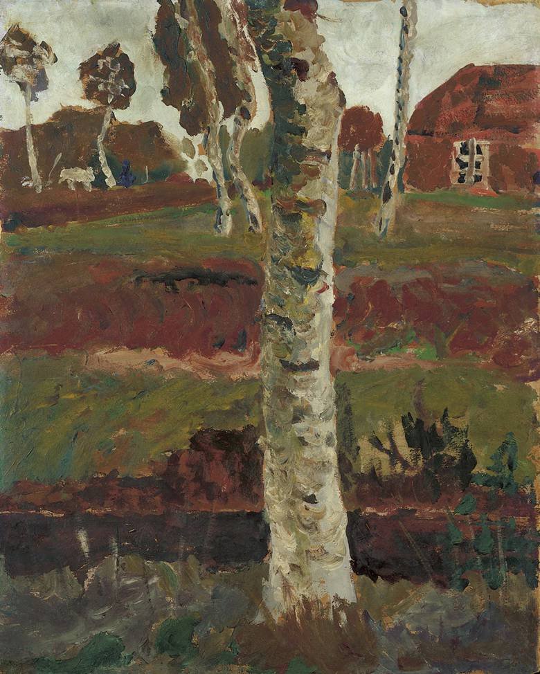 Kmen břízy v příkopu před krajinou s domem od Paula Modersohn Becker