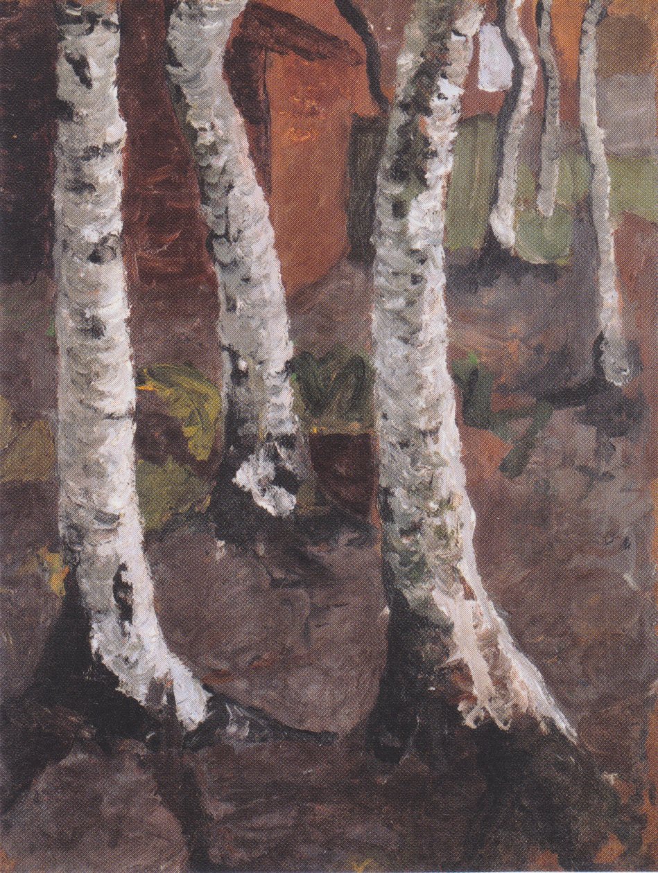 Kmeny břízy před červenou usedlostí od Paula Modersohn Becker