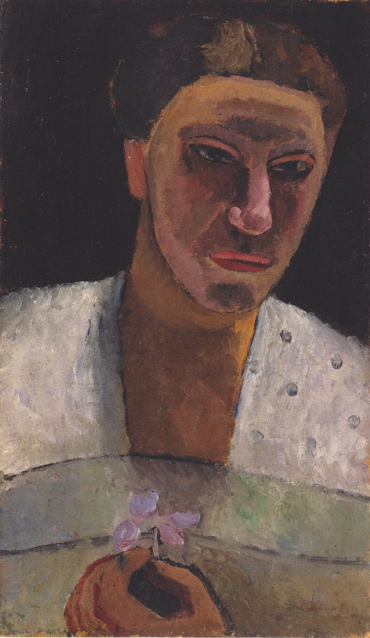 Poloviční portrét Lee Hoetgera s květinou od Paula Modersohn Becker