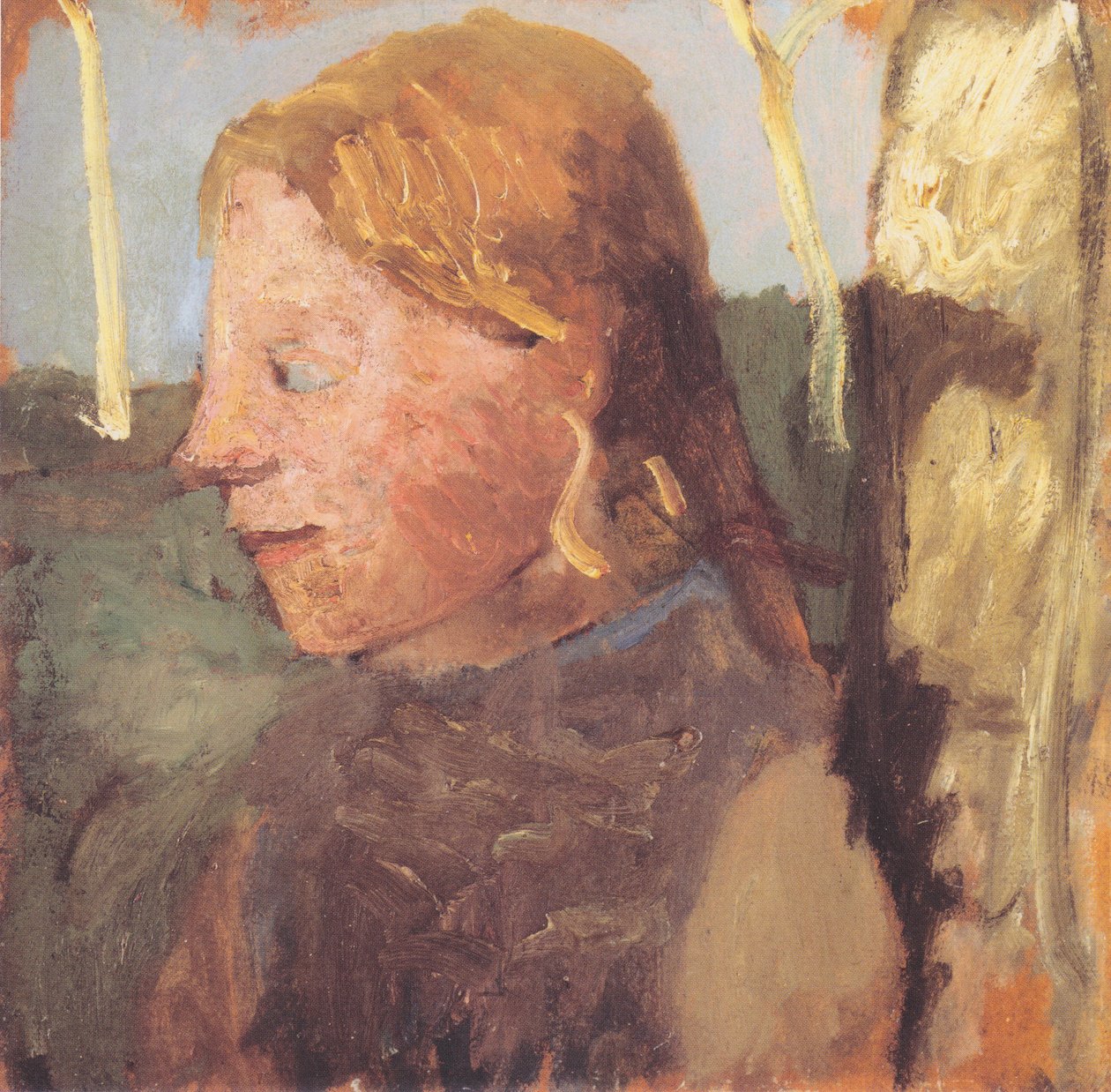 Poloviční portrét dívky v profilu vedle kmene břízy od Paula Modersohn Becker
