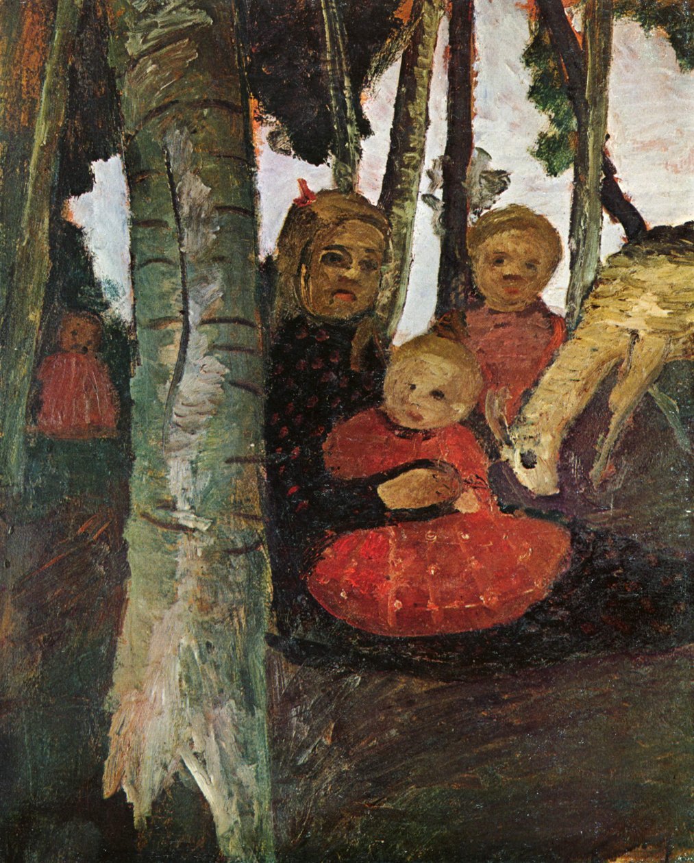 Tři děti s kozou v březovém lese od Paula Modersohn Becker