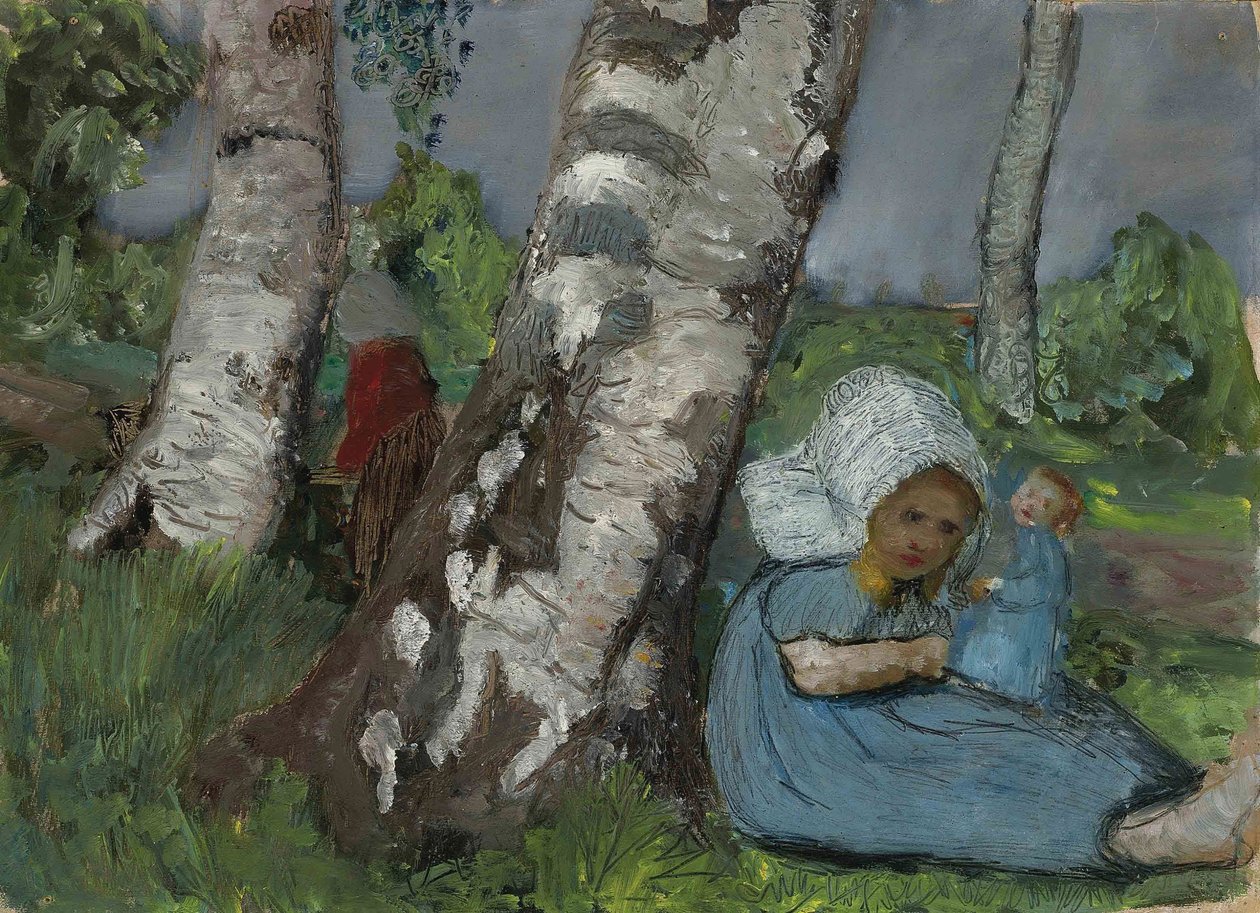 Dítě s panenkou sedí na kufru břízy od Paula Modersohn Becker