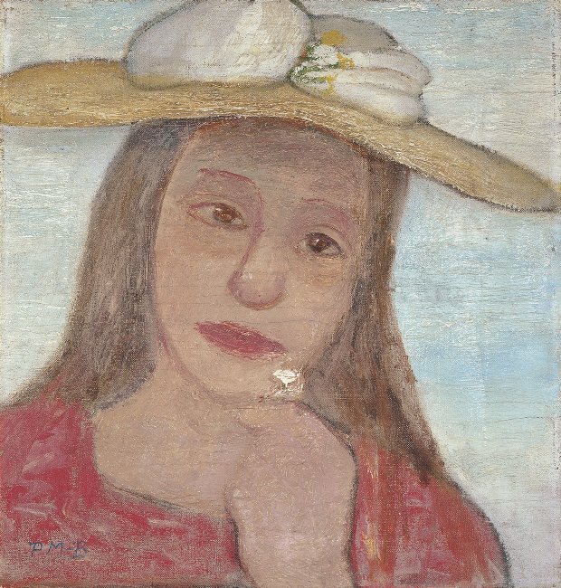 Hlava mladé dívky se slaměným kloboukem a květinou ve zvednuté ruce od Paula Modersohn Becker