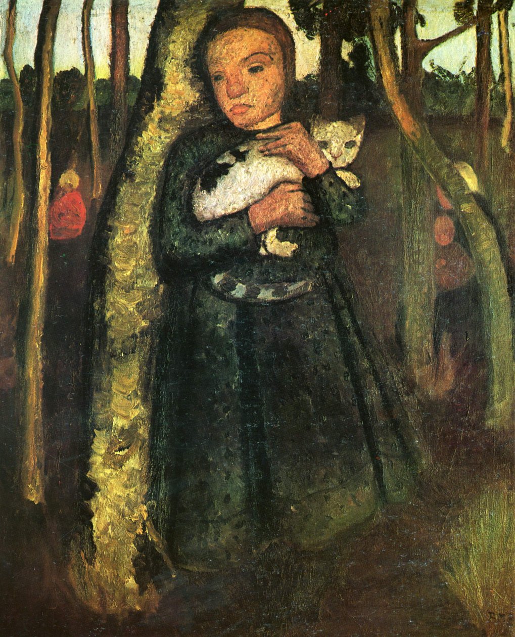 Dívka s kočkou v březovém lese od Paula Modersohn Becker