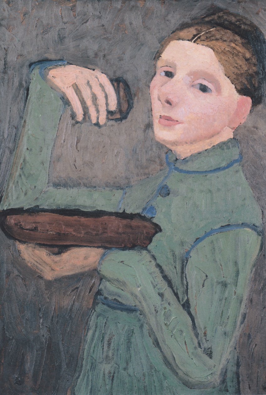 Autoportrét, poloviční postava vlevo, držící misku a sklenici od Paula Modersohn Becker