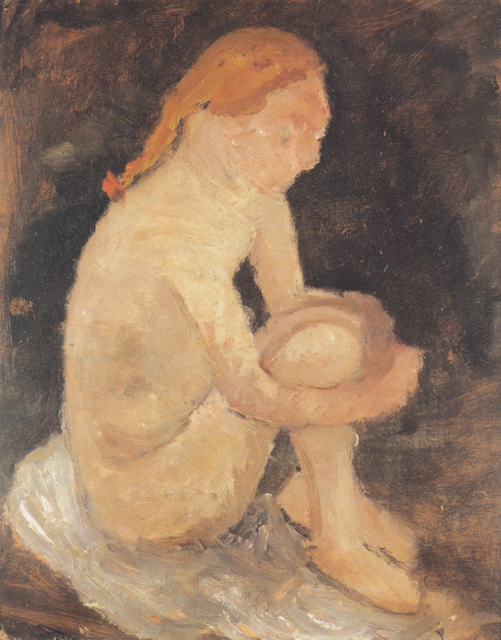 Sedící nahá dívka napravo, s nataženýma nohama od Paula Modersohn Becker