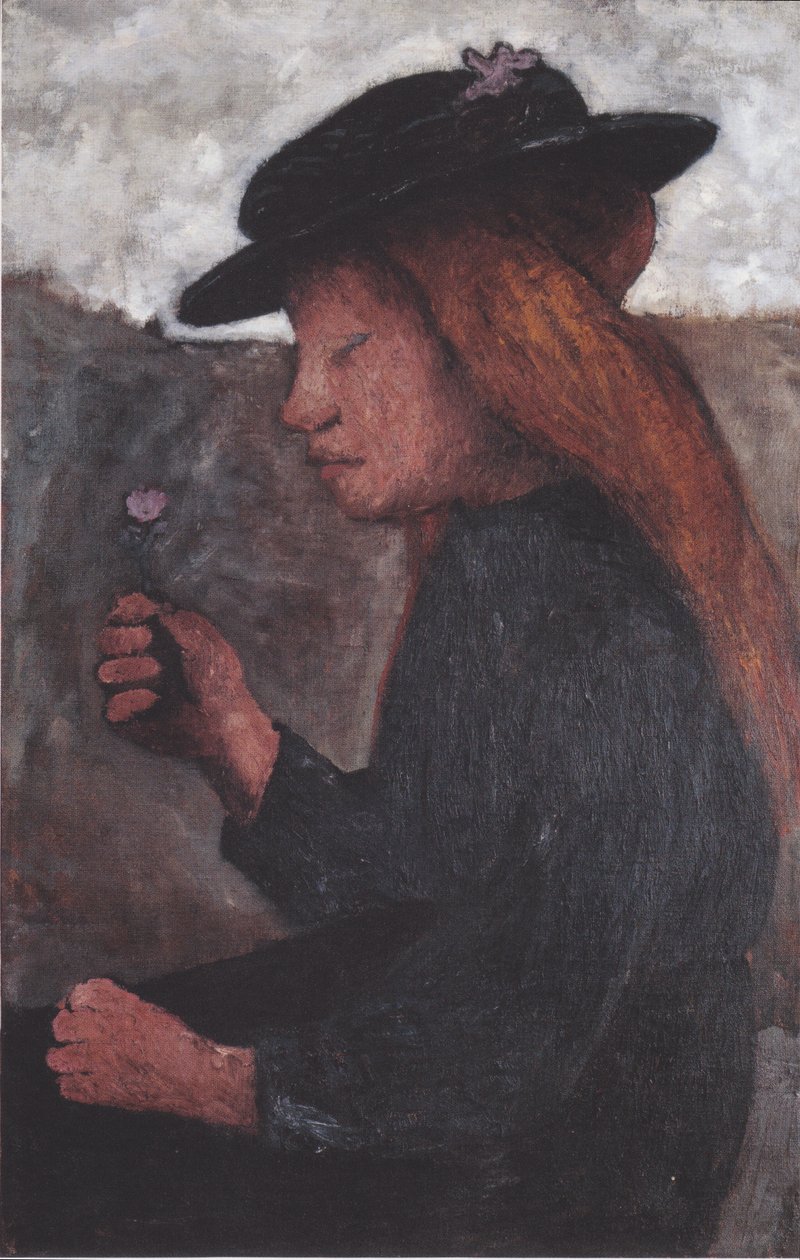 Sedící dívka s černým kloboukem a květinou v pravé ruce od Paula Modersohn Becker