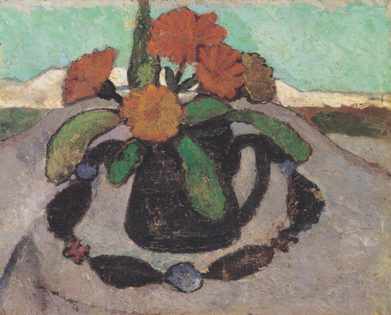 Zátiší s měsíčky před krajinou od Paula Modersohn Becker