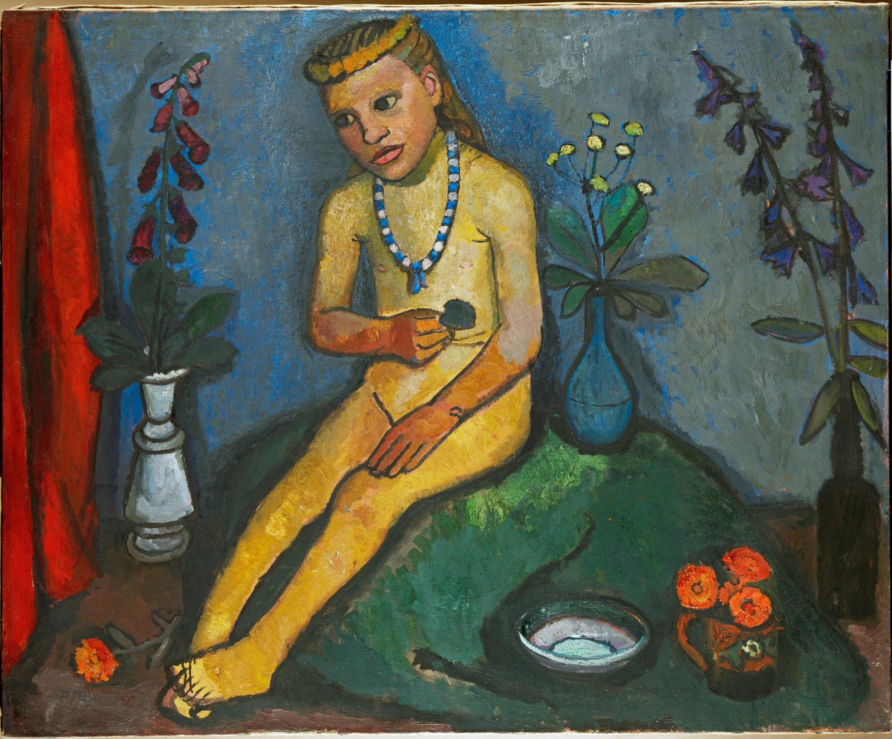 Sedící nahá dívka s květinami (olej na plátně) od Paula Modersohn-Becker