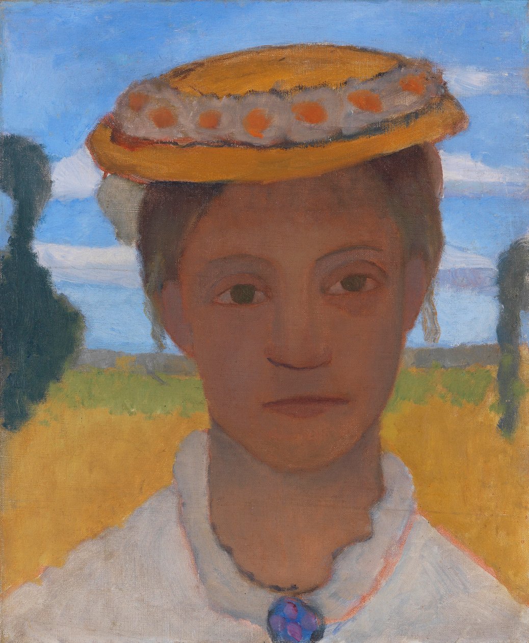 Umělcova sestra Herma s věncem ze sedmikrásek na klobouku, cca 1901. od Paula Modersohn Becker