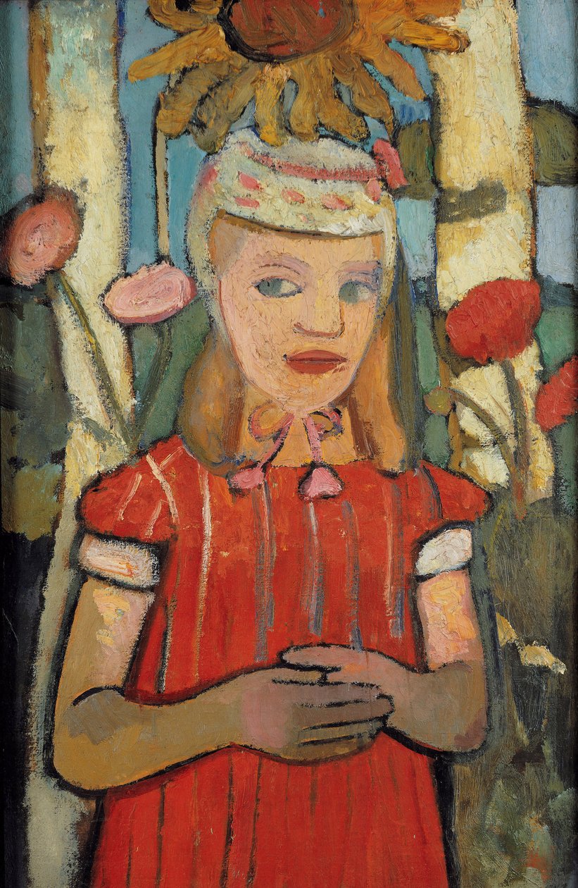 Dívka v červených šatech před slunečnice, 1907. od Paula Modersohn Becker