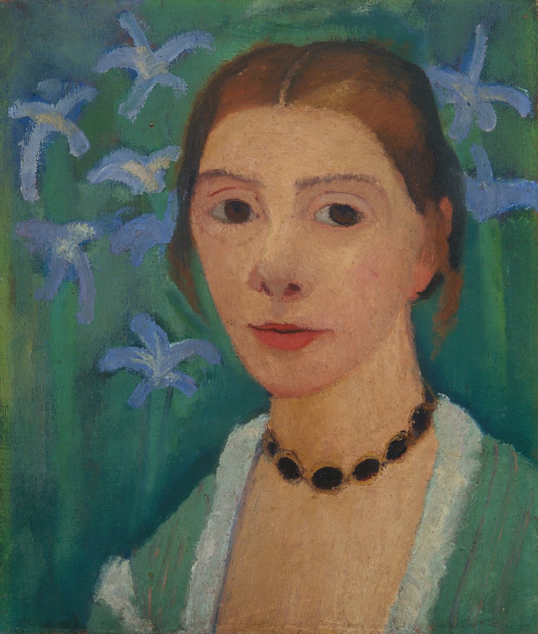 Autoportrét na zeleném pozadí s modrou duhovkou od Paula Modersohn Becker