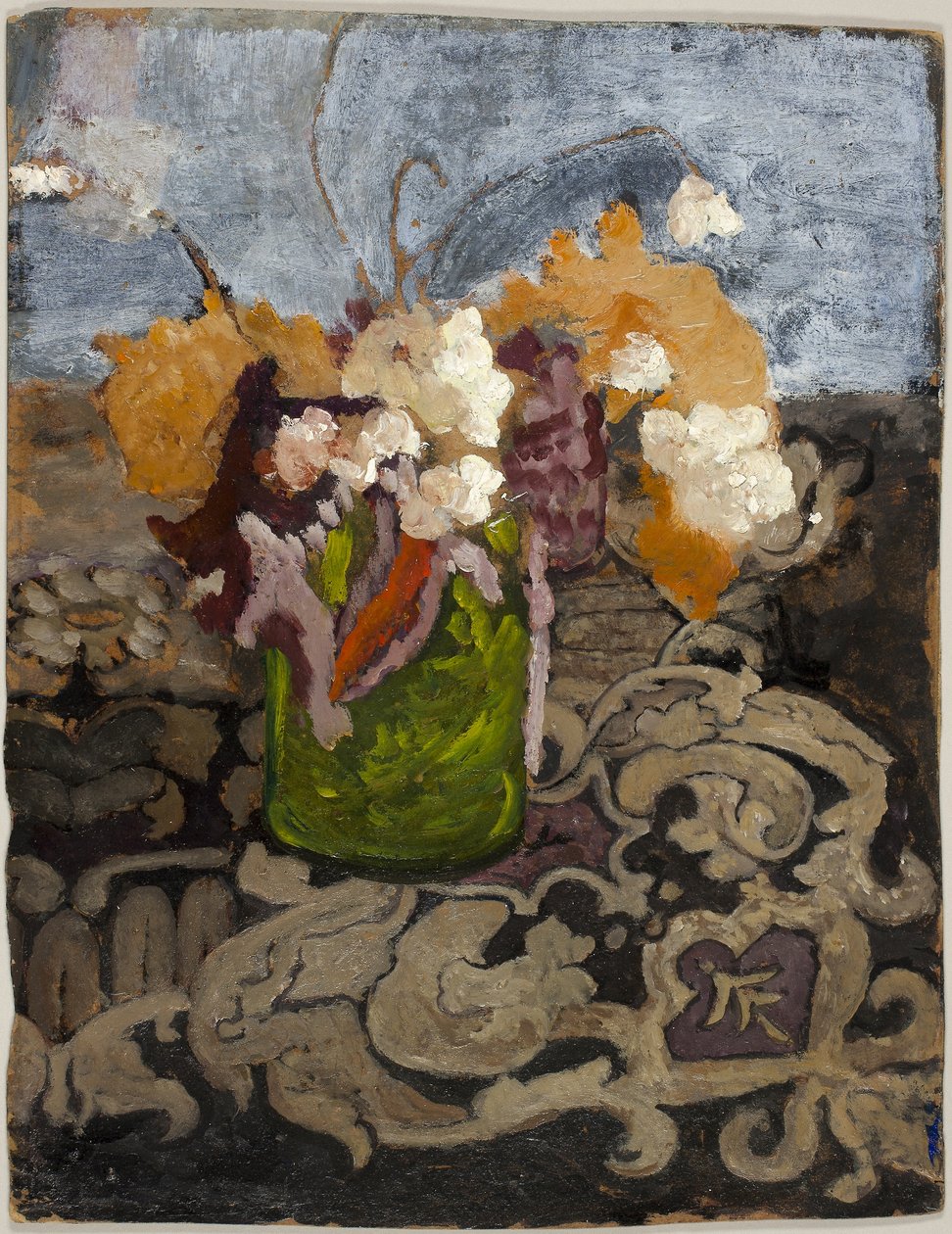 Zátiší se zelenou vázou, asi 1902 (olej na hnědé dřevité lepence, lakováno) od Paula Modersohn Becker