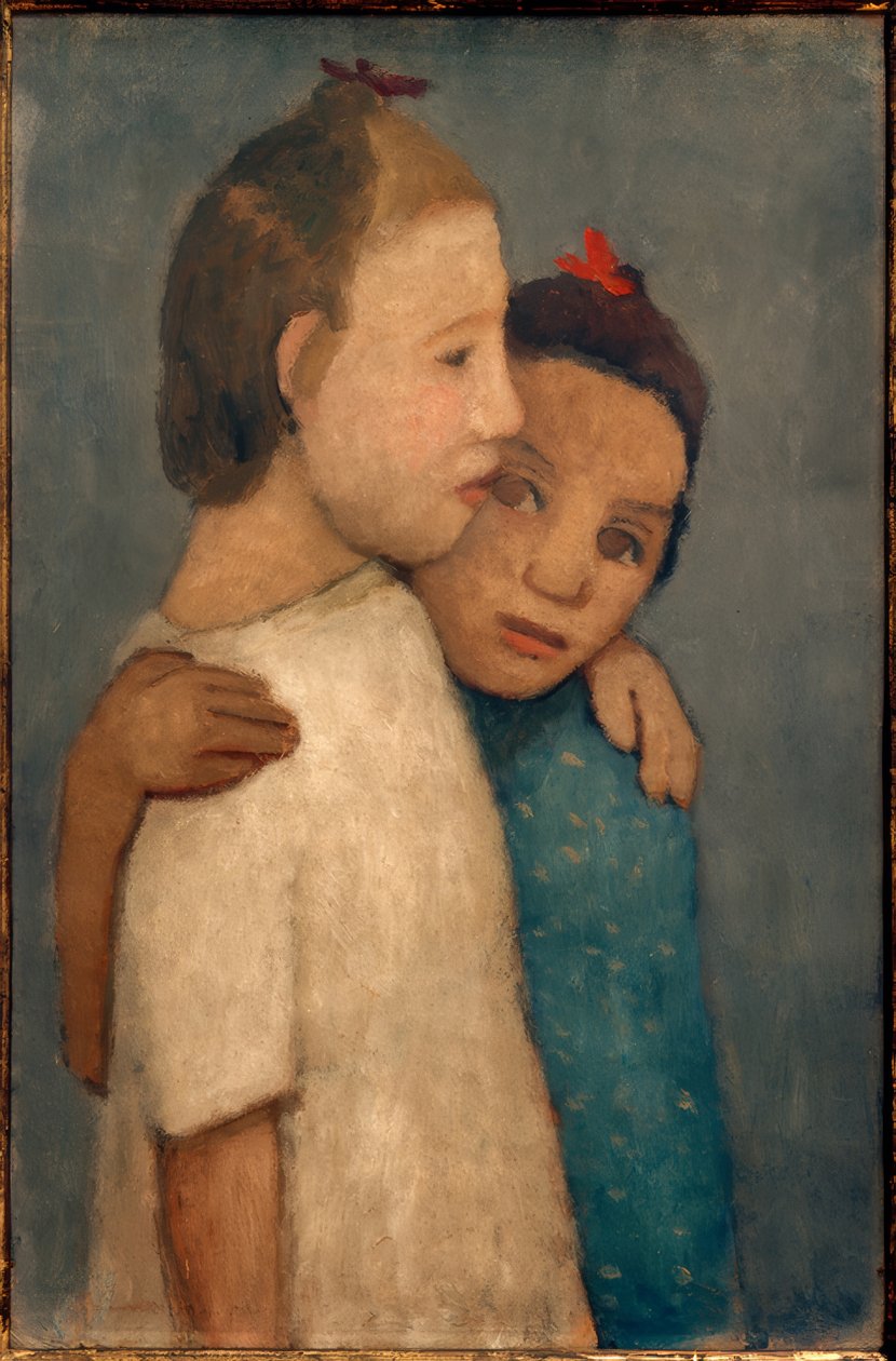 Dvě dívky v bílých a modrých šatech se drží za ramena od Paula Modersohn Becker