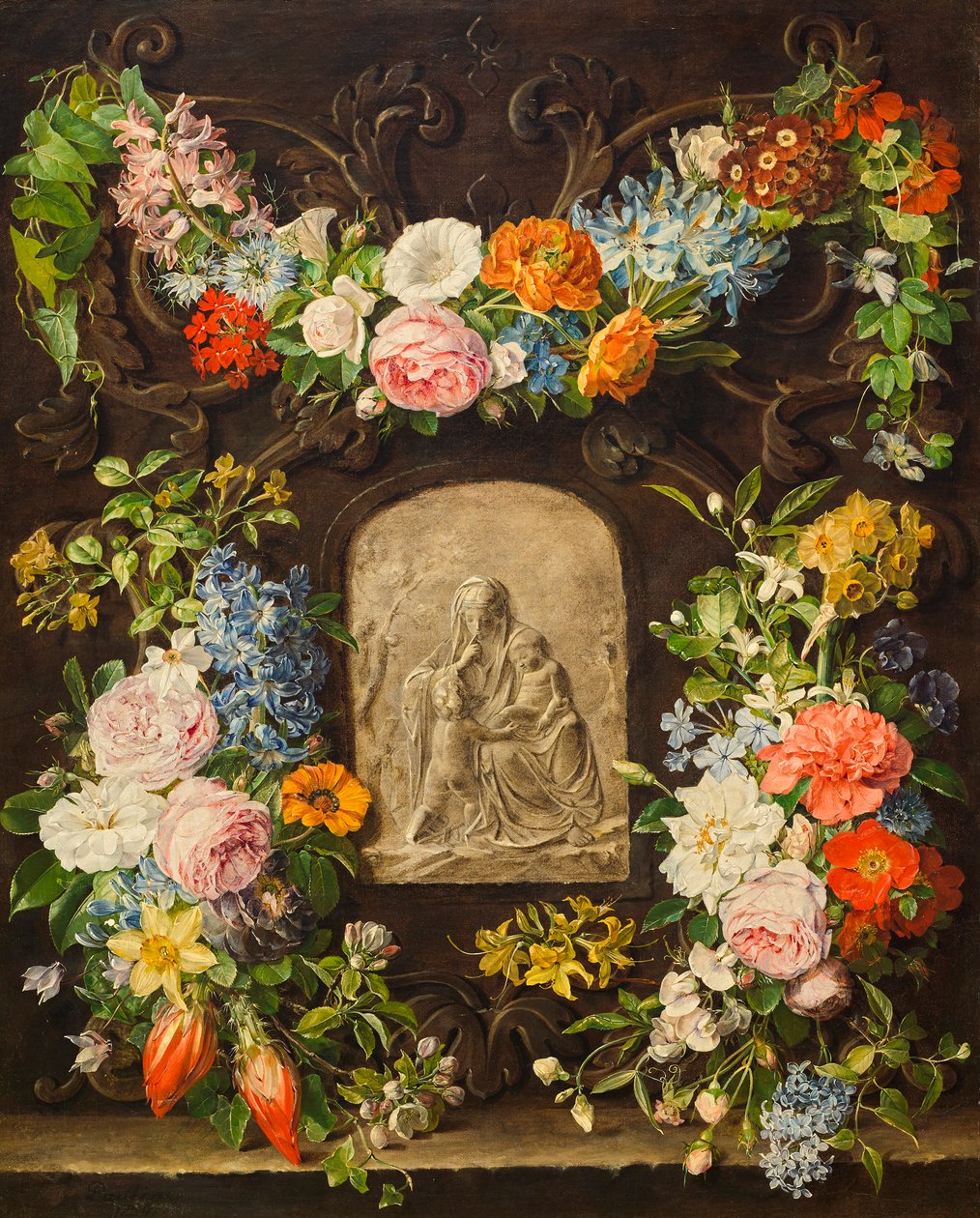 Květinový věnec s reliéfem Madony od Pauline von Koudelka Schmerling