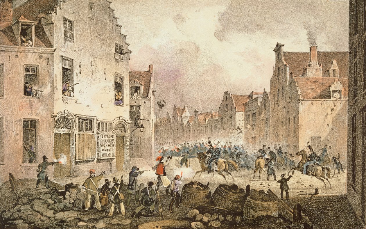 Boje a barikády v Rue de Flandre, Brusel, 23. září 1830, vyryl Dewasme-Pletinckx od Paulus Lauters