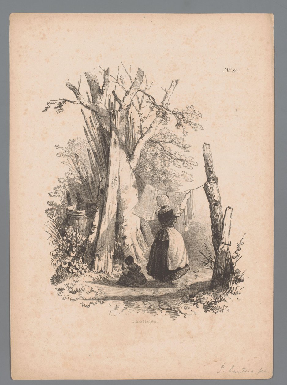 Krajina se ženou věší prádlo Landscape Studies od Pauluse Lauterse (název série) Nouvelle suite de 40 études de paysages par P. Lauters (název série) od Paulus Lauters (attributed to)