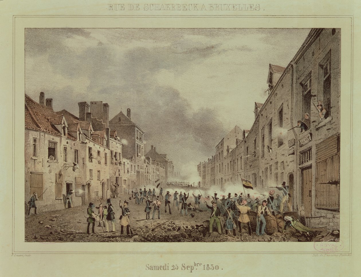 Boj v Rue Schaerbeek, Brusel, neděle 25. září 1830, vyryl Dewas Me-Pletinckx od Paulus Lauters