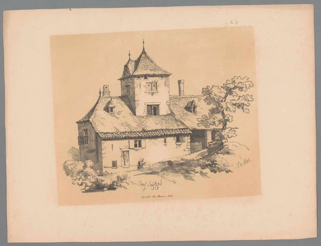 Pohled na venkovský dům v Ixelles Ixelles (název na objektu) Malebné tváře od Pauluse Lauterse (název série) Etrennes pittoresques pour 1839, par Lauters (název série) od Paulus Lauters