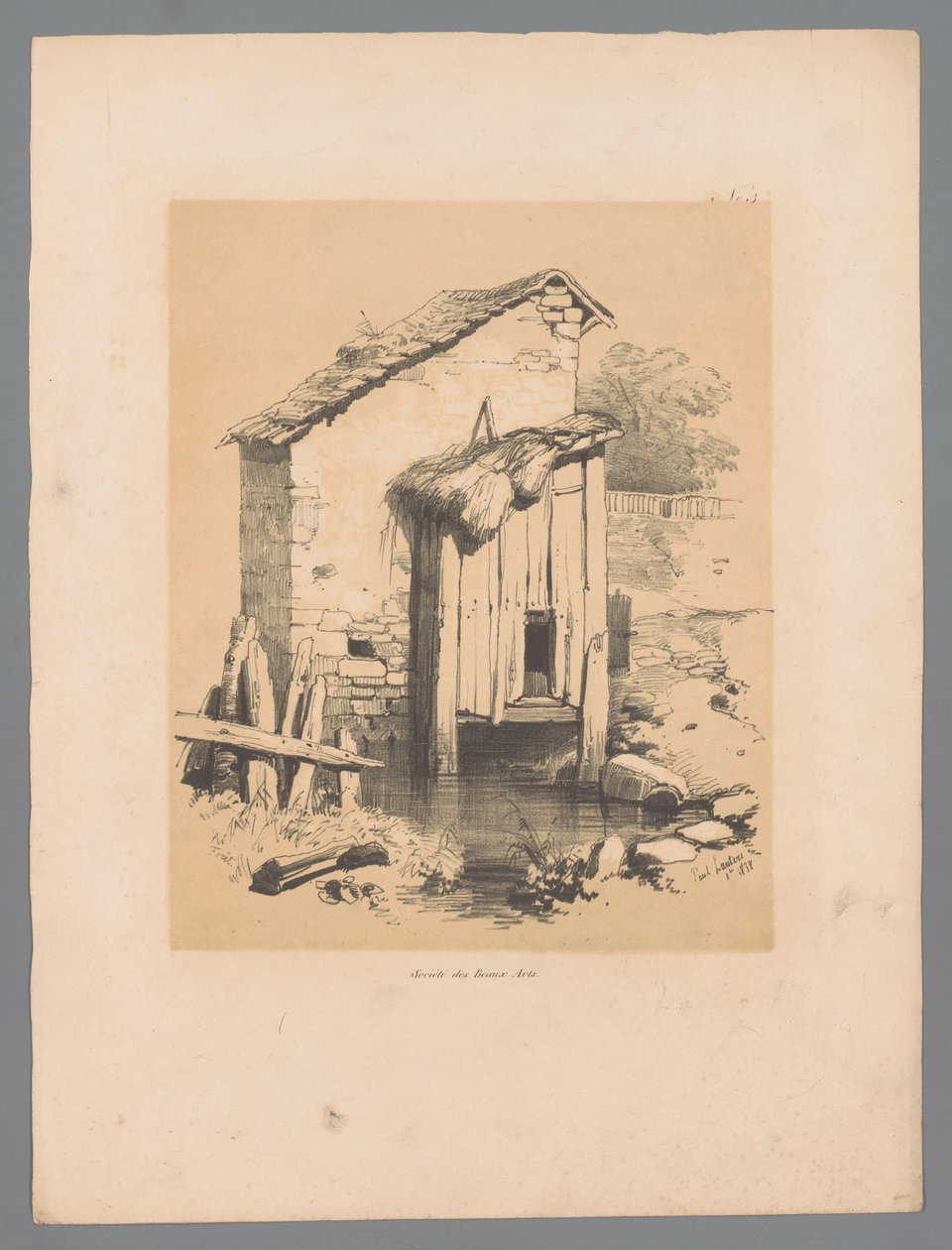 Pohled na stodolu na vodě Forêt (název na objektu) Malebné tváře od Pauluse Lauterse (název série) Etrennes pittoresques pour 1839, par Lauters (název série) od Paulus Lauters