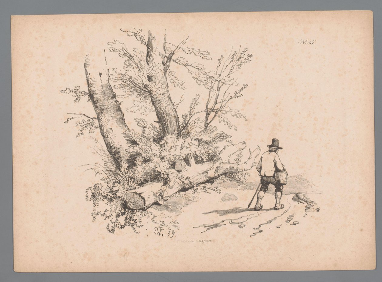 Landschap met bomen en een man met wandelstok en mand Landschapsstudies door Paulus Lauters (series title) Nouvelle suite de 40 études de paysages par P. Lauters (series title)   1368263   cs       czech Successfully Translated  Original: Gammel italiensk  od Paulus Lauters
