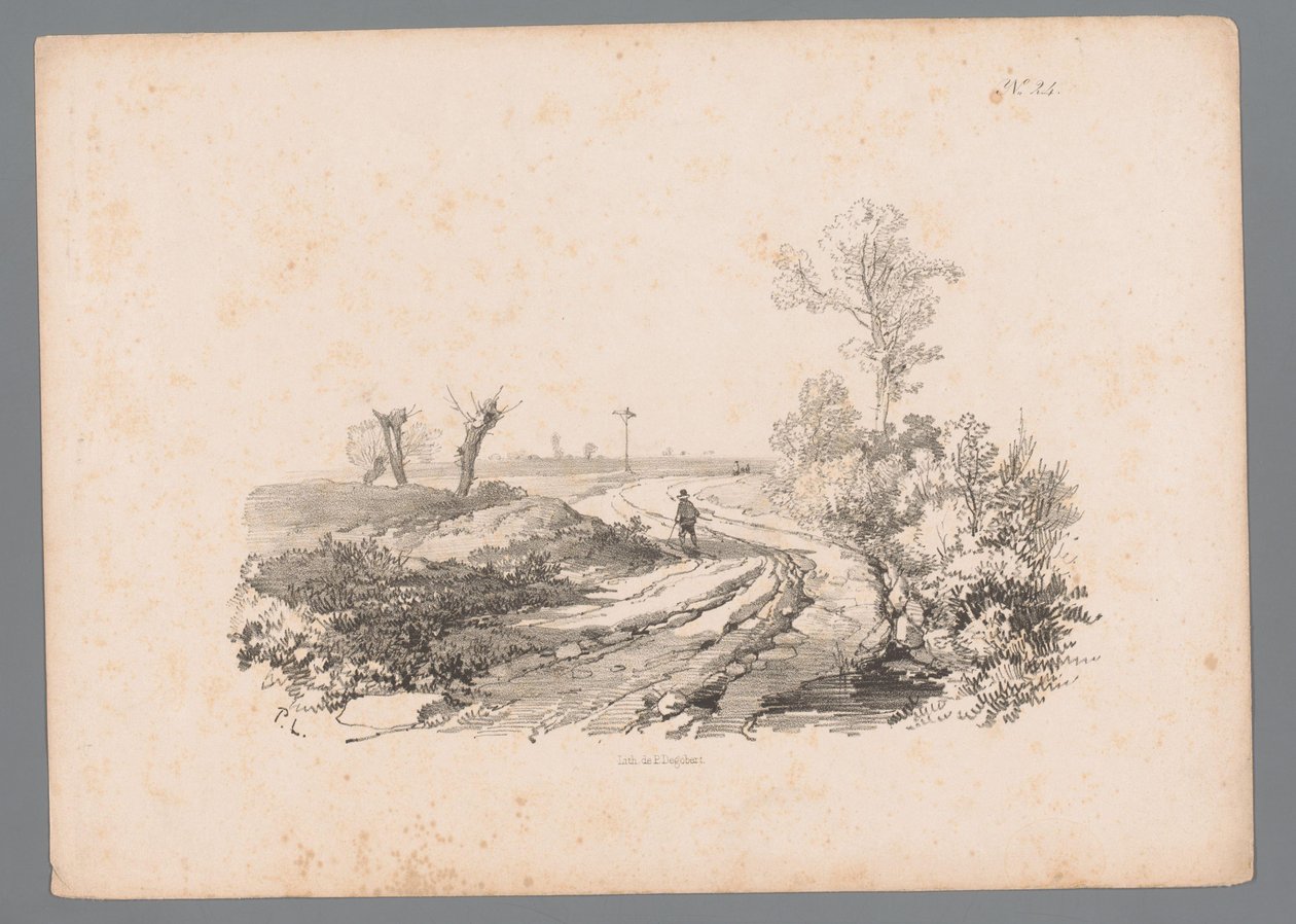 Krajina s postavou s vycházkovou holí na venkovské cestě Landscape Studies od Pauluse Lauterse (název série) Nouvelle suite de 40 études de paysages par P. Lauters (název série) od Paulus Lauters