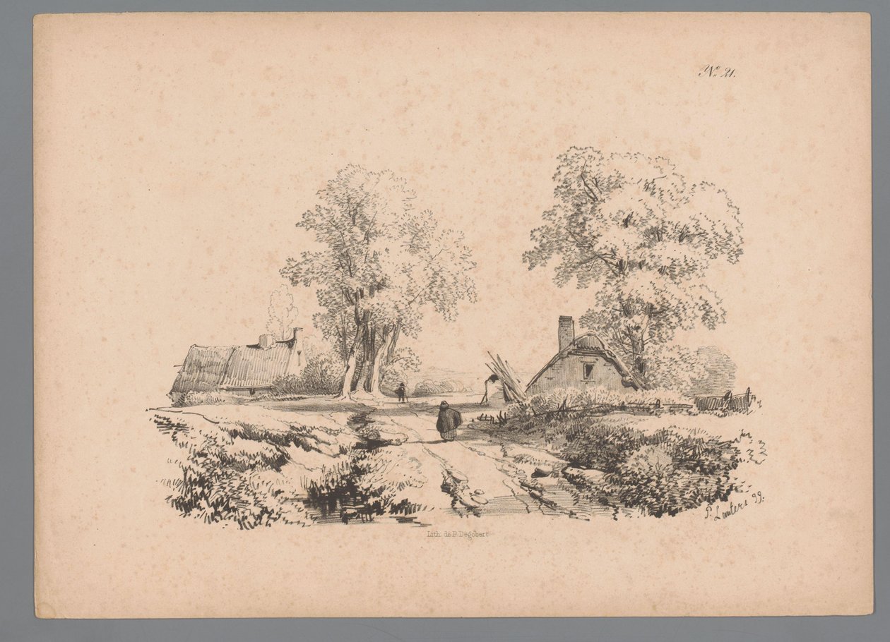Krajina se dvěma domy a dvěma postavami na silnici Landscape Studies od Pauluse Lauterse (název série) Nouvelle suite de 40 études de paysages par P. Lauters (název série) od Paulus Lauters