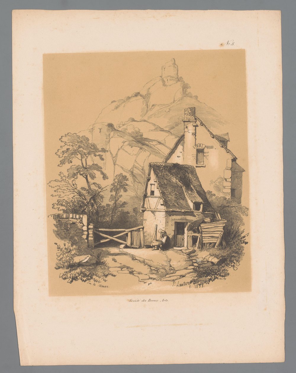 Krajina Meuse s domem na úpatí hory s ruinou na vrcholu Sur la Meuse (název na objektu) Malebné tváře od Pauluse Lauterse (název série) Etrennes pittoresques pour 1839, par Lauters (název série) od Paulus Lauters