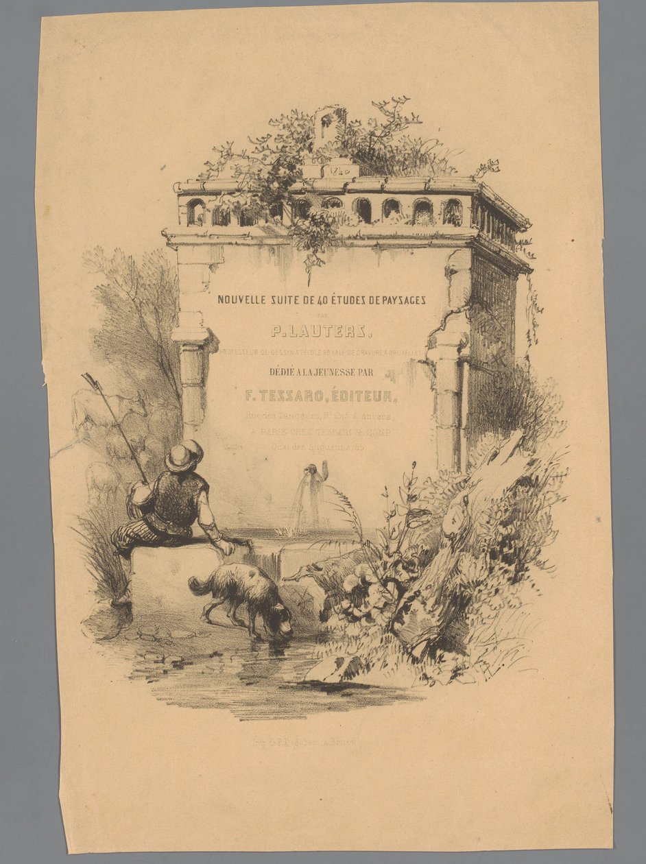 Muž se psem sedí na okraji fontány Landscape Studies od Pauluse Lauterse (název série) Nouvelle suite de 40 études de paysages par P. Lauters (název série na objektu) od Paulus Lauters