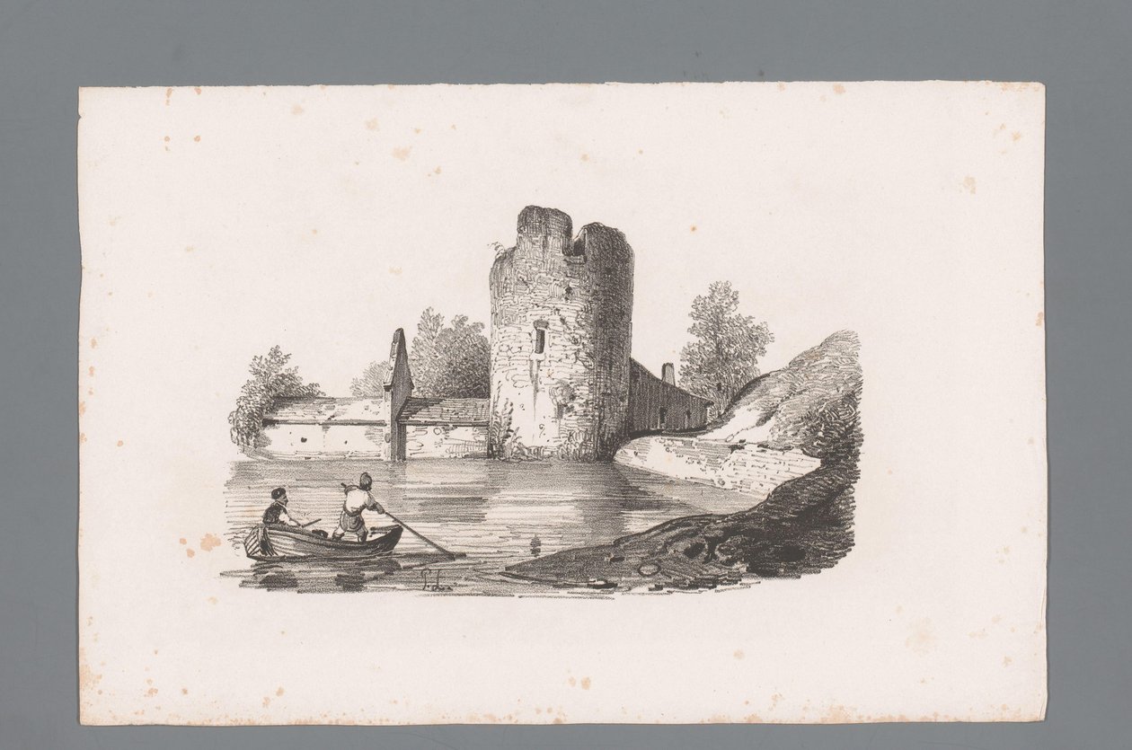 Dvě postavy v lodi poblíž zříceniny Principy krajiny (název série) Principles de paysages (název série) od Paulus Lauters