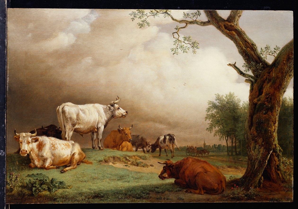 Dobytek na poli, s cestujícími ve voze na cestě za nimi a kostelní věží v dálce, blíží se dešťová bouře, 1652 od Paulus Potter