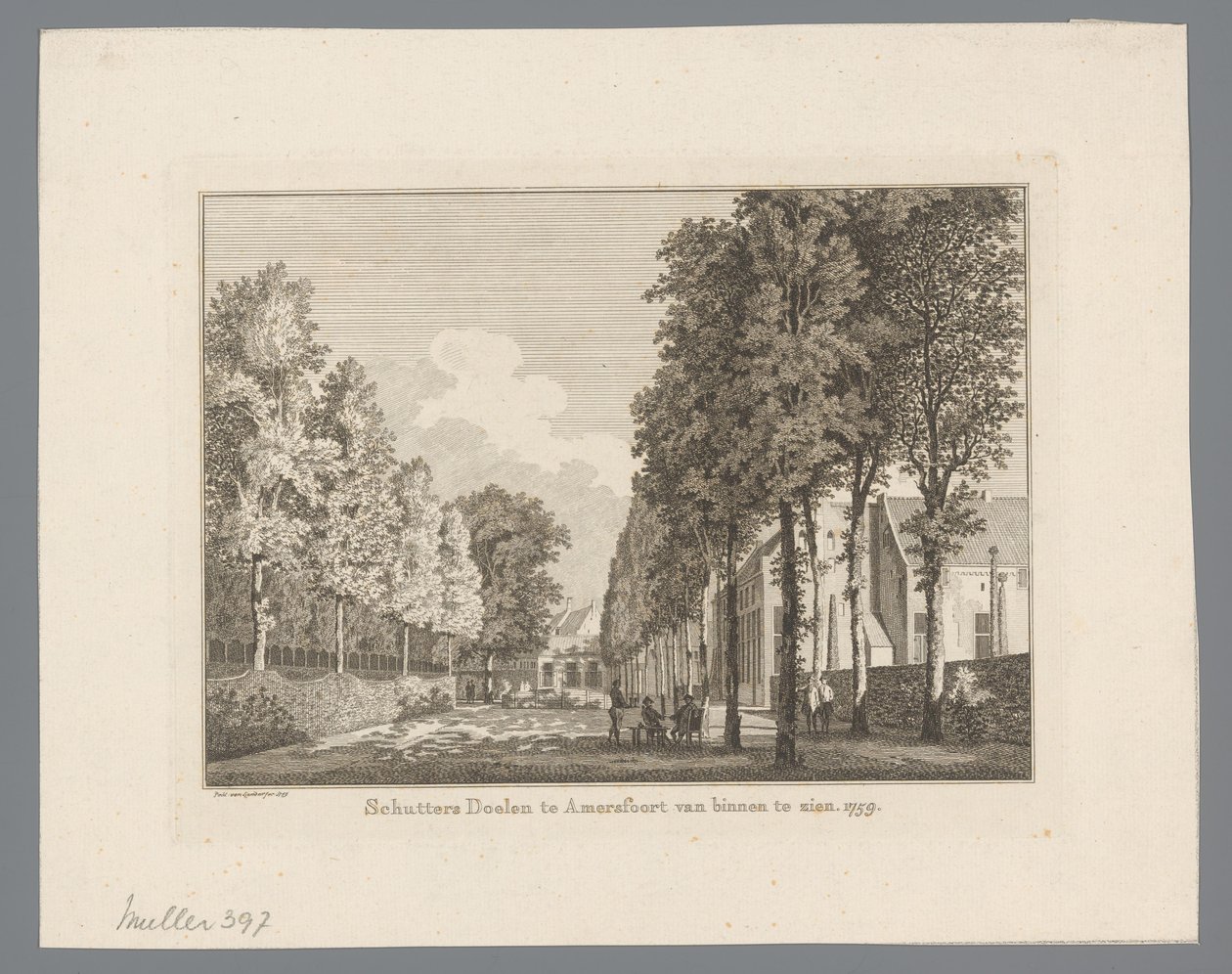 Pohled na Doelen v Amersfoortu Střelci Doelen v Amersfoortu k vidění zevnitř. 1759 (název na objektu) od Paulus van Liender