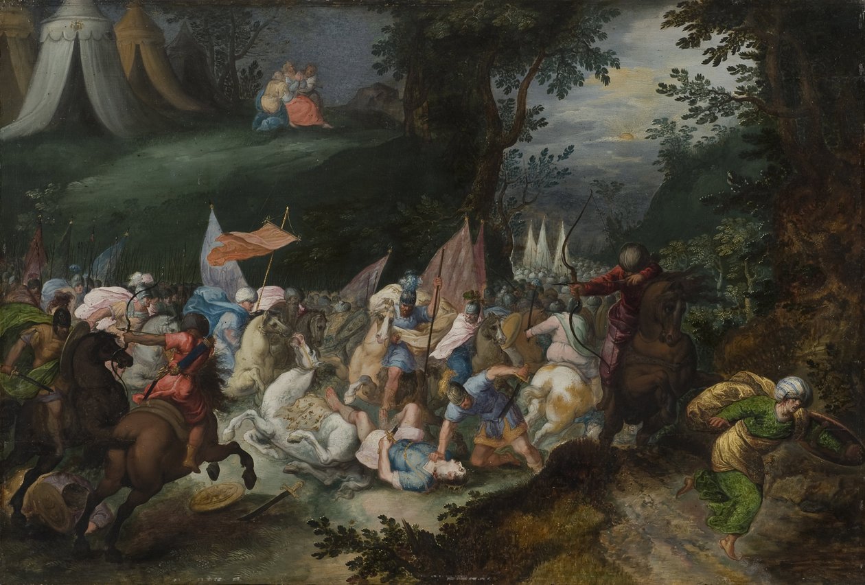 Bataille entre les Israelites et les Amalecites - Bitva mezi Izraelity a Amalekity, Casteels, Pauwels (aktivní cca 1649-1680). Olej na dřevě. Rozměr: 45 x 65 cm. Národní muzeum Stockholm od Pauwel Casteels