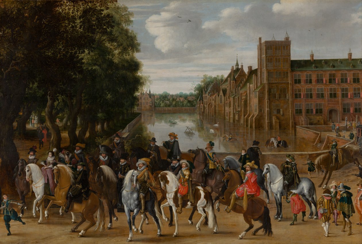 Princové z Orange a jejich rodiny na koni, vyjížďka z Buitenhof, Haag, c. 1621-22 od Pauwels I van Hillegaert